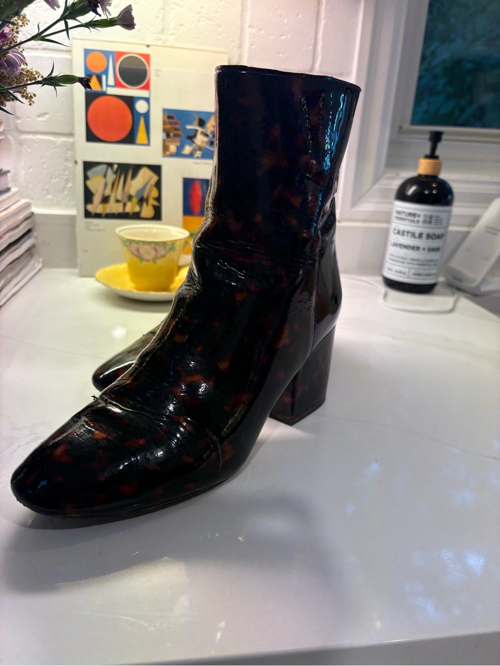 J. Crew Factory Tortoiseshell Patent Ankle Boots - Black & Brown